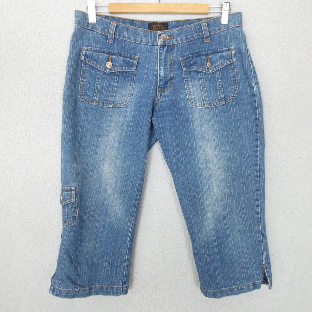 KÜL Women's Blue Denim Capri Pants Cropped Jeans Button Pockets Cute Size 5 - Picture 2 of 11